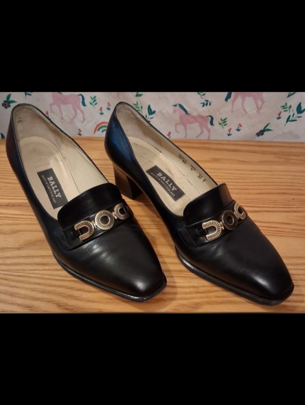EUC Bally Black Leather Business Casual Preppy Loafer Block Heel Shoe SZ 5.5F